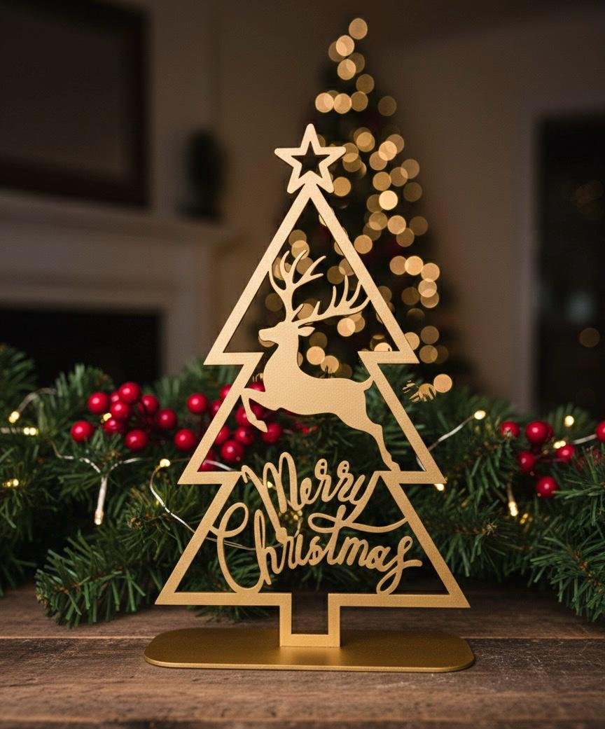Gold Reindeer and Merry Christmas Tree